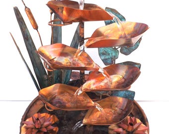 Copper Water Fountain, Large Table Size w/ Water Lilies, Lily Pads, Vine and Cattails