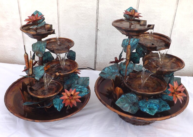 4 Tier Copper Large Table Size Waterfall Fountain W/ Cattails, Water ...