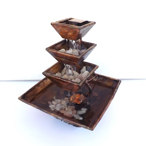 Pyramid Copper Water Fountain, Tapered Square Bowls in 3 Tier Rain Cascade Waterfall, Small Tabletop Size