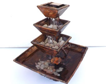 Pyramid Copper Water Fountain, Tapered Square Bowls in 3 Tier Rain Cascade Waterfall, Small Tabletop Size