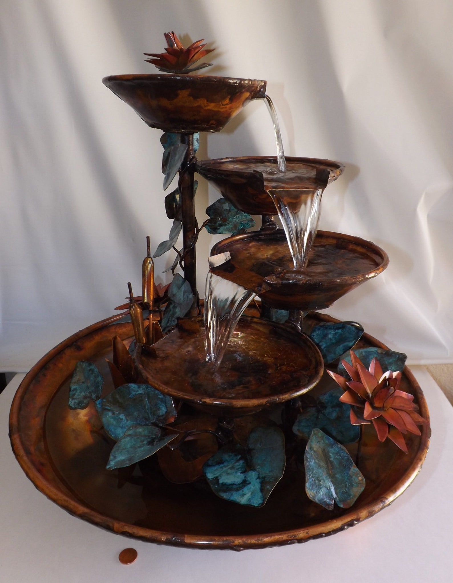 4 Tier Large Copper Table Fountain with Cattails Ivy Leaves Etsy