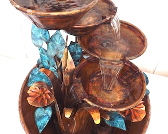 Copper Waterfall Fountain with 4 Bowl Tiers and Cattails, Water Lily Flowers, and Ivy Leaves (new and 1 in-stock)