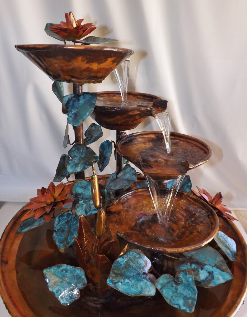 4 Tier Large Copper Table Fountain with Cattails Ivy Leaves Etsy