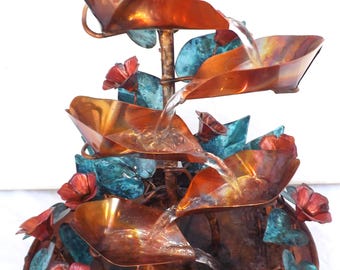 Copper Tabletop Fountain, Morning Glory Flowers, Torch Flamed Waterfall, Medium Table Size