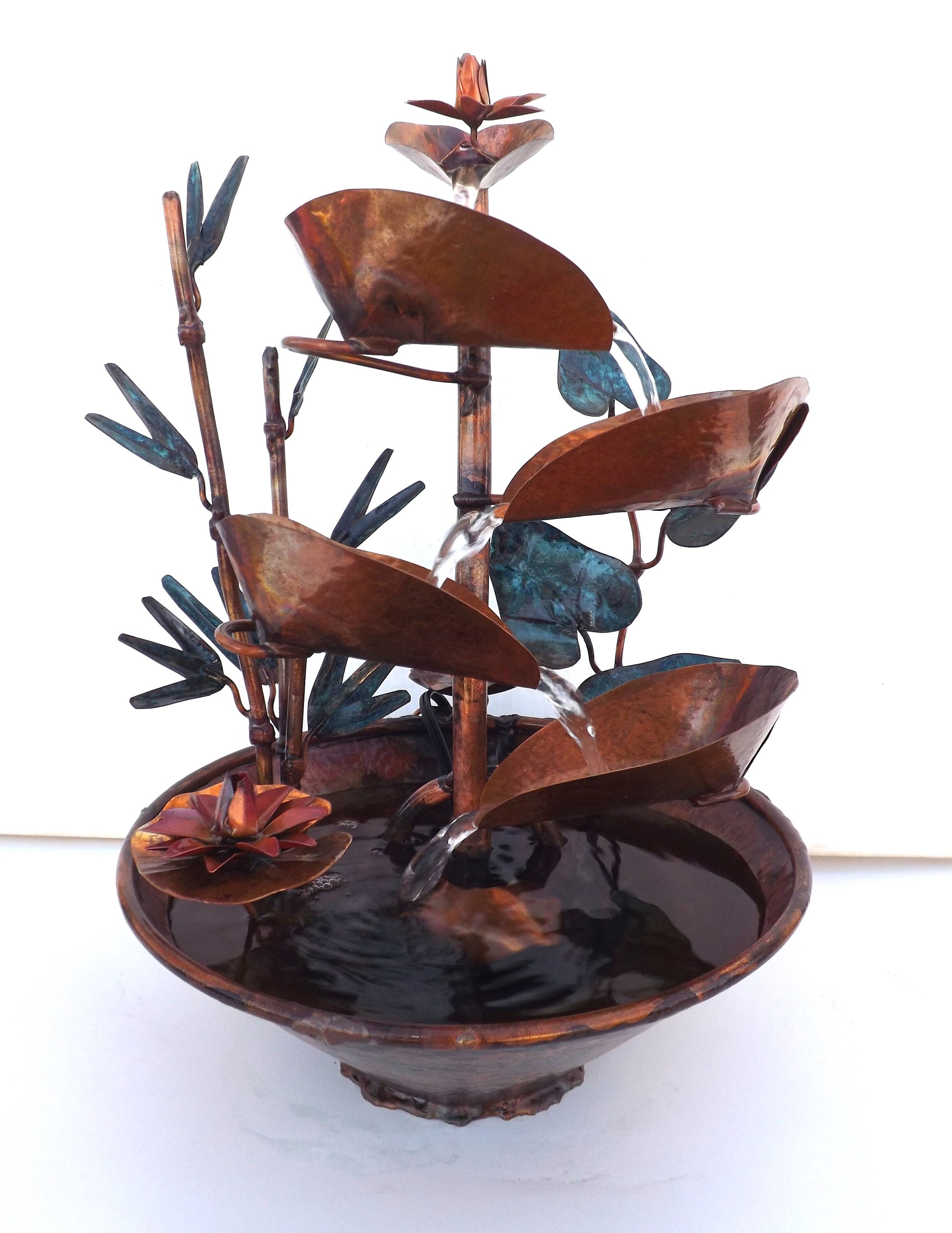 Copper Fountain, Bamboo, Water Lilies and Ivy Leaves, Small Copper ...