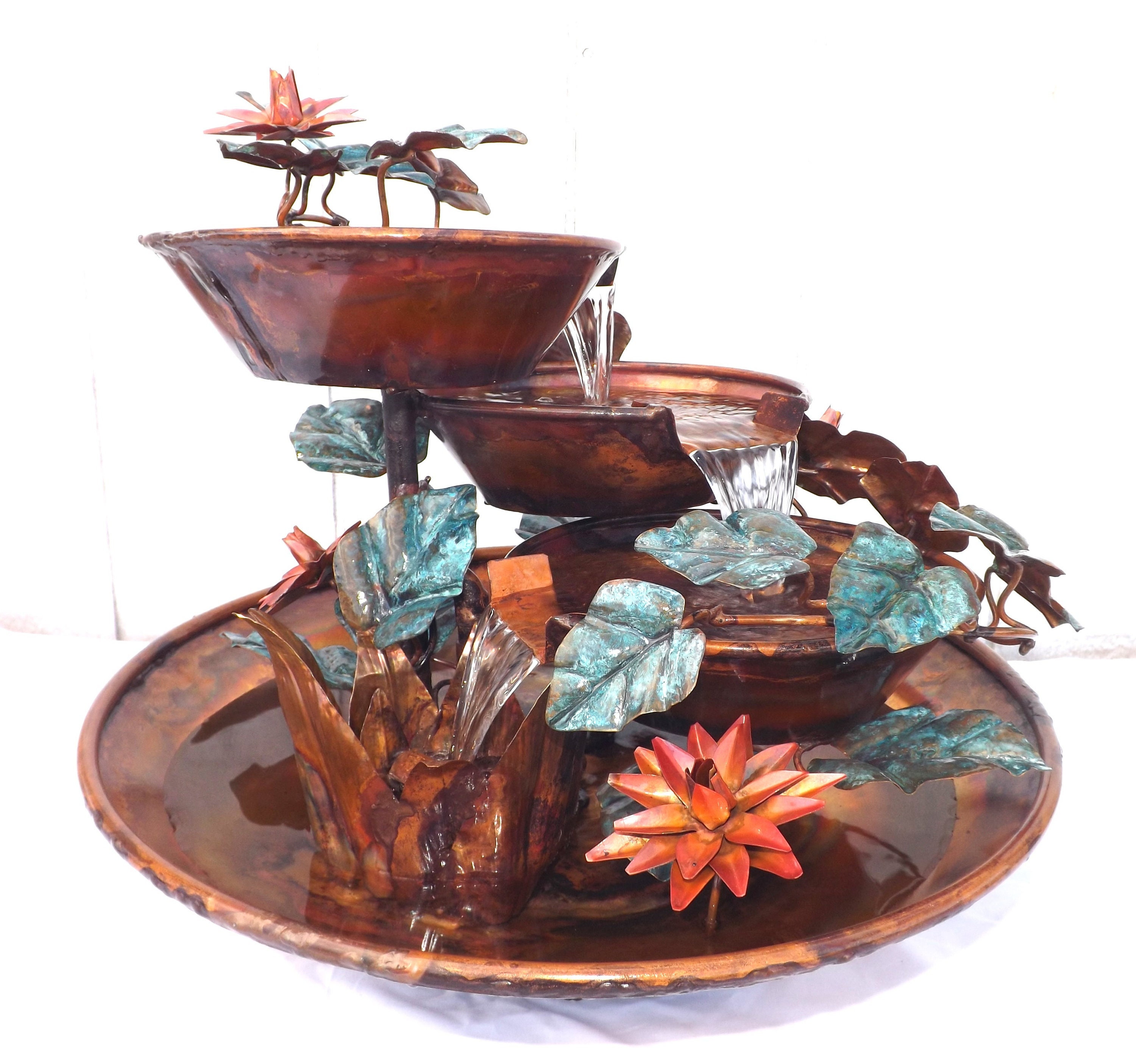 Copper Large 3 Tier Waterfall with Hand Hammered Ivy Vine Leaves & Water Lily Flowers Lg. Size | Built/Created/Made By Order, Not in Stock