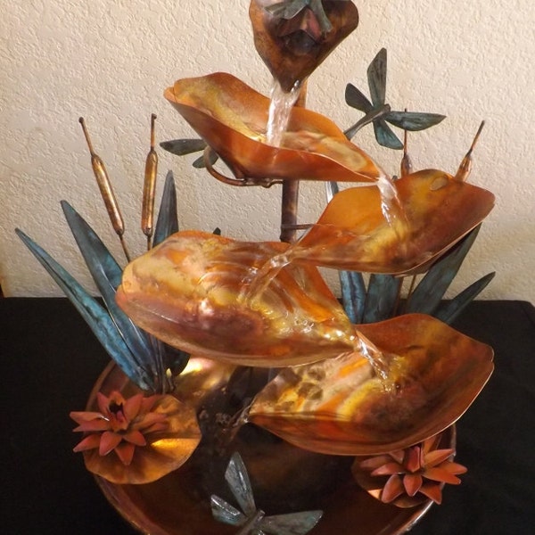 Medium Size Cattails and Dragonflies Copper Table Fountain