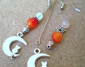 Kit BOUCLES D'OREILLES *perles AGATE orange et chat dans la lune*  crochets  argenté