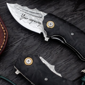 VG10 Damascus Steel Pocket Knife: Carbon Fiber, Handmade Leather Sheath