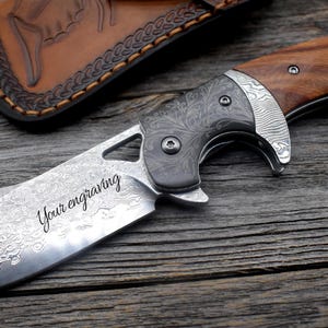 VG10 Damascus Steel Pocket Knife with Handmade Leather Sheath