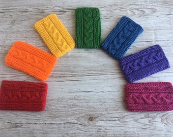 Hand-knitted phone sock, pouch, cosy, sleeve, Mother's Day gift, teacher/student gift, in 7 rainbow colours and 2 sizes