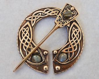 Cloak Clasp - Pennanular Brooch - Bronze with Labradorite