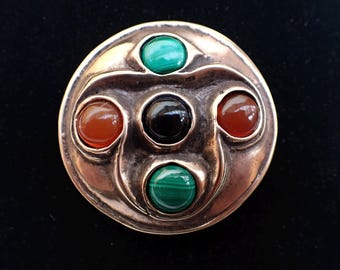 Celtic Style Brooch in Bronze with Malachite, Carnelian, and Black Onyx