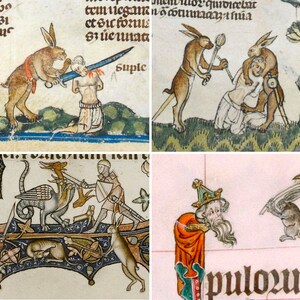 Pictures from medieval manuscripts showing violent anthropomorphized rabbits.  Rabbit with raised axe is in lower right corner.