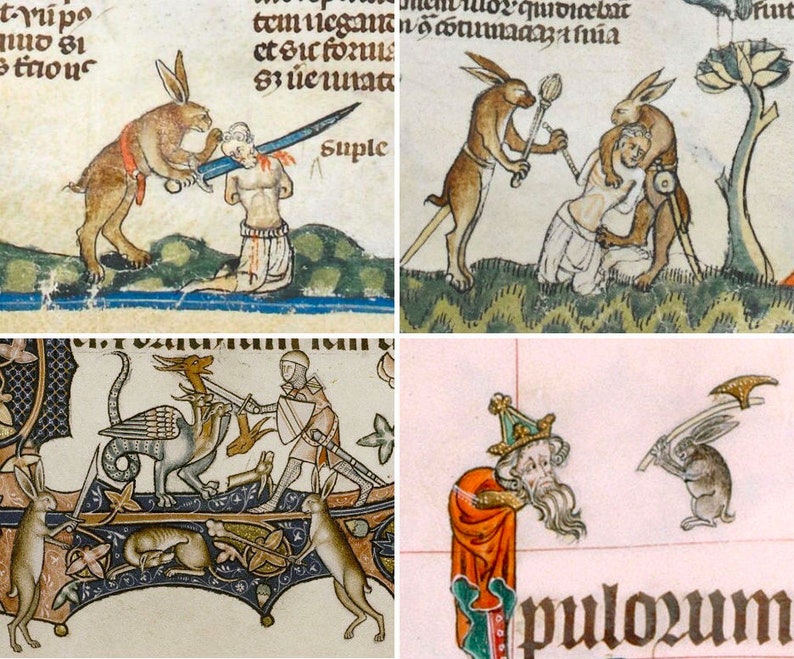 Pictures from medieval manuscripts showing violent anthropomorphized rabbits.  Rabbit with raised axe is in lower right corner.