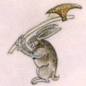 Picture from medieval manuscripts showing violent anthropomorphized rabbit.  Rabbit with raised broad head axe..