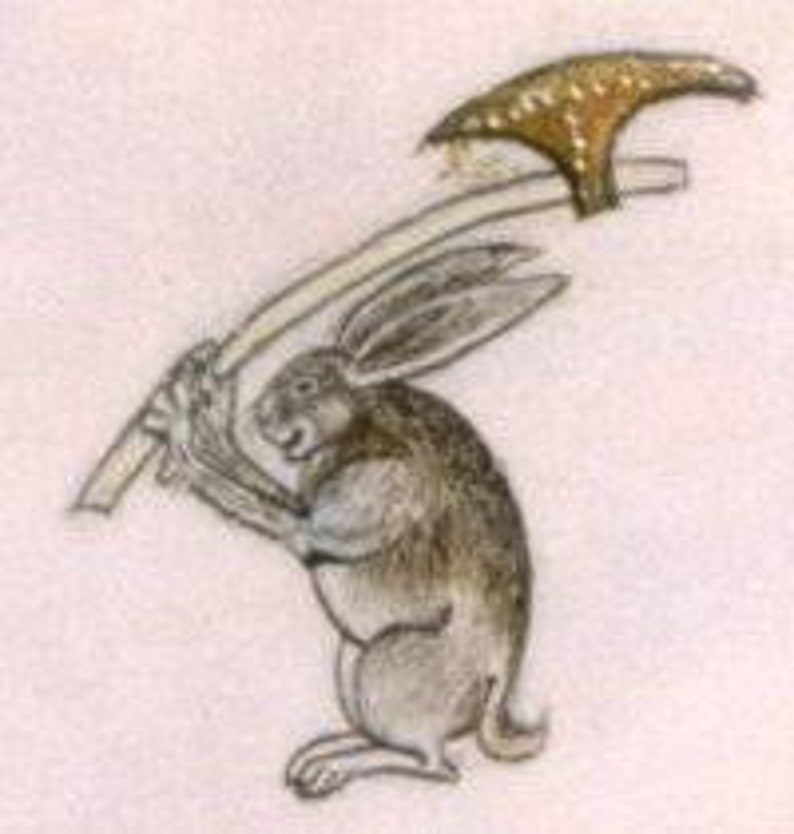 Picture from medieval manuscripts showing violent anthropomorphized rabbit.  Rabbit with raised broad head axe..