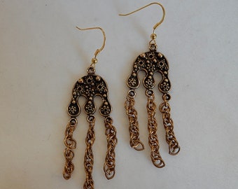 Roman Style Granulated Earrings with Chain Dangles