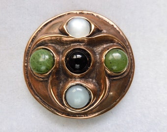 Celtic Style Pendant in Bronze with Moonstone, Serpentine, and Black Onyx