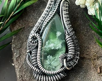 Antiqued Sterling Silver Serpentine Pendant, Wire Wrapped