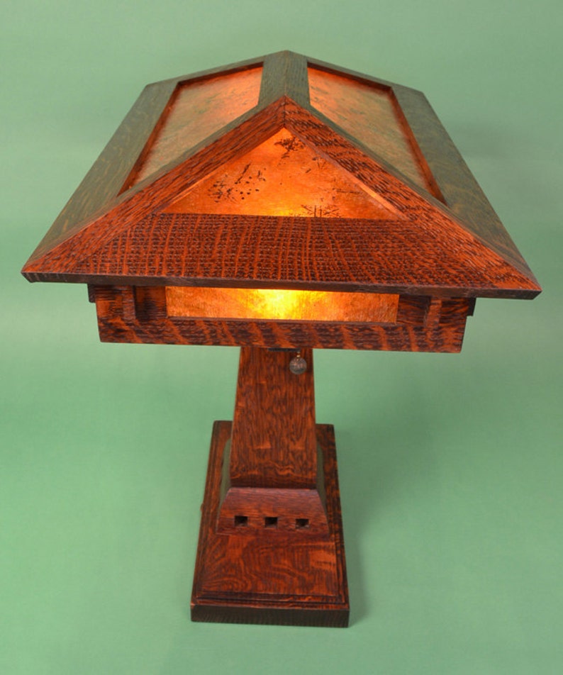 Arts and Crafts Mission Style Oak and Mica Desk Lamp Rustic Log Cabin Style Light image 5