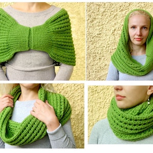 Könnte beinhalten: Ein grünes Häkel-Kragen und ein passendes Häkel-Schal mit einem einzigartigen Schleifendesign. Der Kragen kann als Halsschmeichler oder als Kapuze getragen werden.