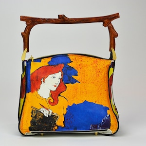 Art Nouveau Bag Blue Orange Finest Quality Leather Colourful Luxury Fine Art Handbag Natural Wood Branch Shape Handle Lined in Real Suede