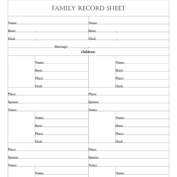 Simple Family Group Sheet JPG and PDF Download Scrapbooking 8.5 x 11 size