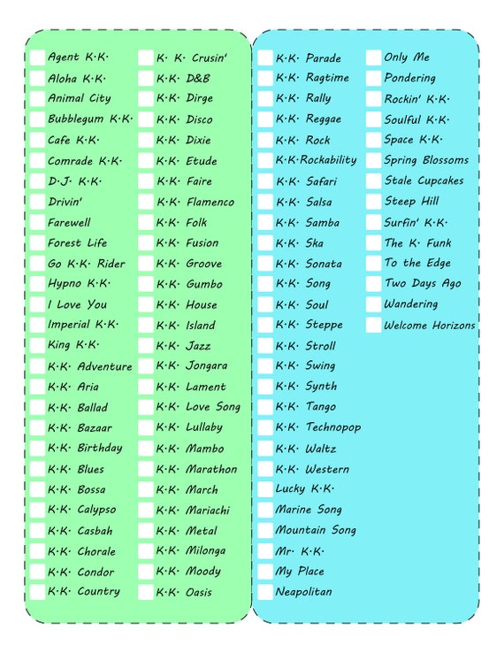 Printable K.K. Slider Songs Checklist JPG and PDF DOWNLOAD Etsy Australia