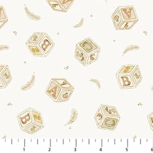 May include: A white fabric featuring a repeating pattern of light brown alphabet blocks and feathers. The blocks display letters A, B, and C alongside numbers 1, 2, and 3. A ruler at the bottom shows measurements in inches from 1 to 6 inches.