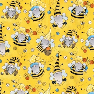 May include: A repeating pattern on a yellow background features whimsical gnomes with bee wings and striped hats. The gnomes are holding flowers and honey pots, with bees and floral accents scattered throughout the design.