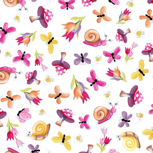 Clothworks Susybee Sloane the Snail Garden Toss white background  SB20411-100 Cotton Fabric