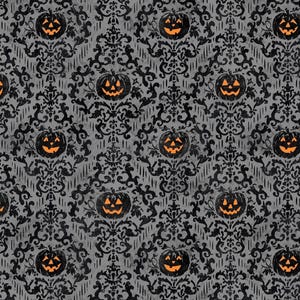 May include: A fabric pattern featuring a repeating damask design in black ink on a gray background, interspersed with orange jack-o'-lanterns. The pumpkins display carved triangular eyes and jagged mouths, integrated into the ornate scrollwork.
