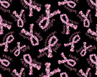 Timeless Treasures Cancer Awareness Cotton Fabric Black Pink Ribbon Floral 100% quilt shop cotton fabric by the yard