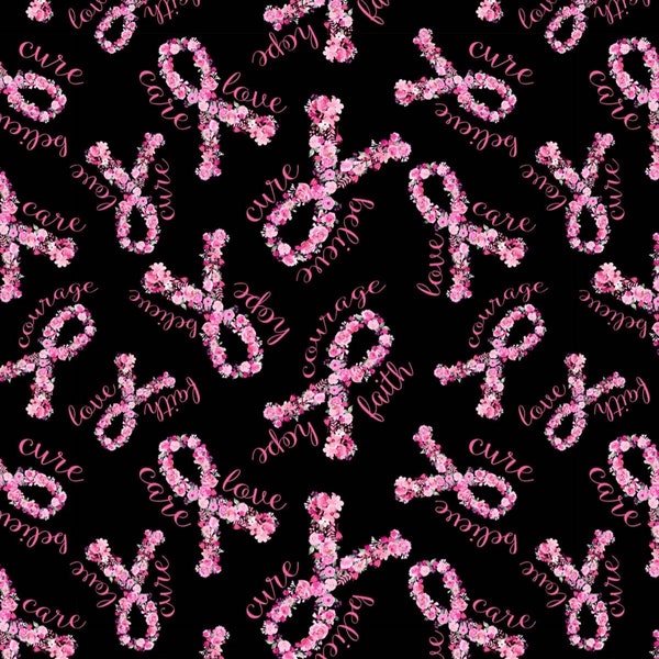 Timeless Treasures Cancer Awareness Cotton Fabric Black Pink Ribbon Floral 100% quilt shop cotton fabric by the yard