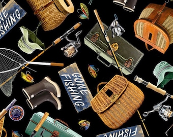Timeless Treasures Gone Fishing Toss on black background C6403-BLK cotton fabric