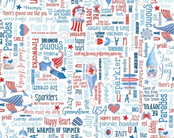 Kansas Studios All American Gnomes text words  KAS12721-09  Cotton Fabric