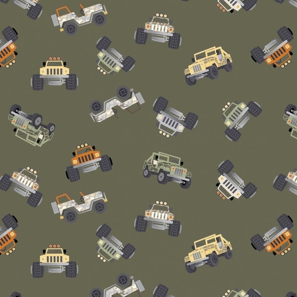 Kanvas Studios Safari Adventure Tossed Jeeps Army Green KAS12945-45 Cotton Fabric