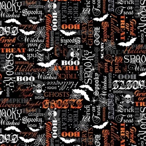 Benartex Kanvas Halloween Spirit Spooky words on Black background Cotton Fabric KAS12550G-37