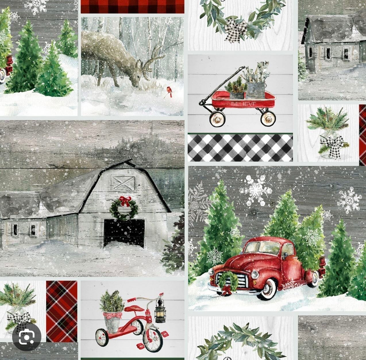 Quilt Fabric, Home for the Holidays, Christmas, Snowmen, Christmas Scene,  Trees, Plaid, Reindeer, Beth Albert, 3 Wishes Fabric