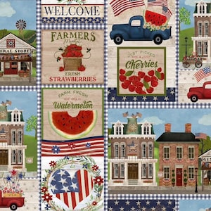 May include: A collage of images with a patriotic theme. The images include a red, white, and blue American flag, a red pickup truck with a watermelon in the back, a sign that says "Farmers Market" with fresh strawberries, a sign that says "Just Picked, Ripe & Juicy Cherries", a sign that says "Farm Fresh, Ice Cold Watermelon", and a town square with buildings decorated with American flags.