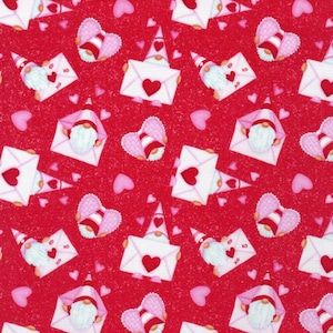 Henry Glass Gnomie Love Gnomes and Envelopes Red Valentines Day 100% Quilt Shop Cotton Fabric by the Yard