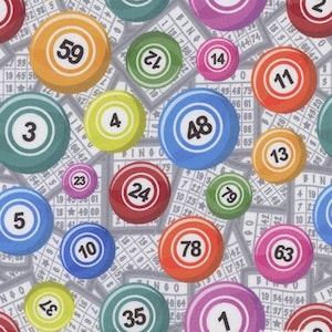 Mook Fabrics Game Night Bingo Multi colored Balls and Cards 116286 Cotton fabric