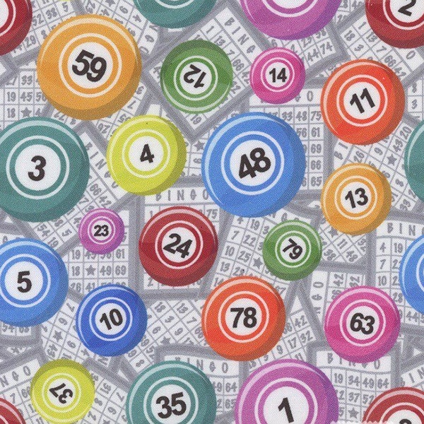 Mook Fabrics Game Night Bingo Multi colored Balls and Cards 116286 Cotton fabric