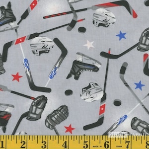 Mook Fabrics Hockey Sticks Helmets Pucks Grey 2 91695 cotton fabric