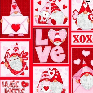 Henry Glass Gnomie Love patchwork Gnomes Pink Valentines Day  Cotton Fabric