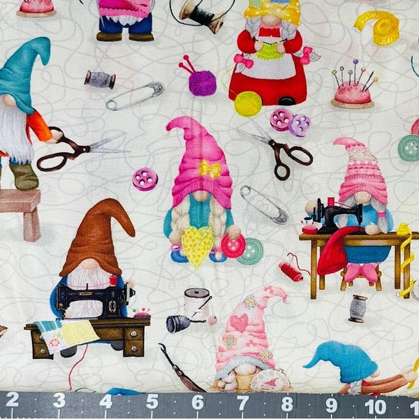 Timeless Treasures Sew Many Gnomes Cream background FUN-CD2484 Cotton Fabric