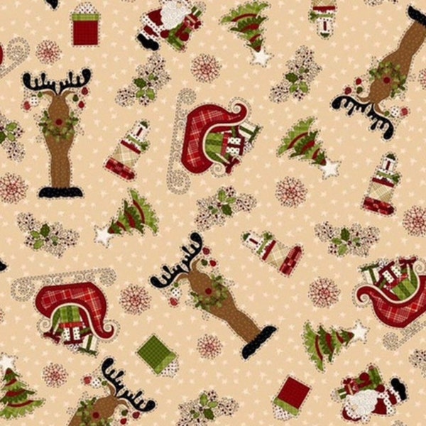 Henry Glass Glad Tidings Reindeer Pulling the Sleigh Cotton Fabric