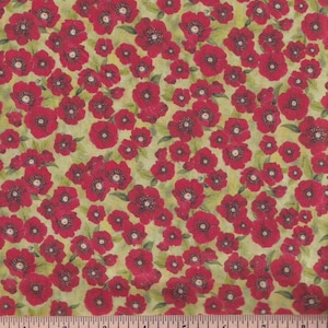 May include: A fabric with a repeating pattern of red flowers on a light green background.