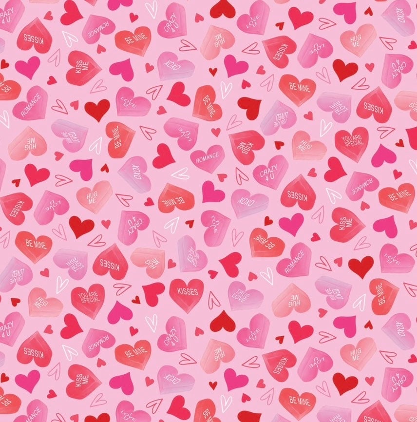 Kanvas Studios Gnomie Love Be my Gnome Candy Hearts KAS14090-01 Valentines Day on pink background Cotton Fabric